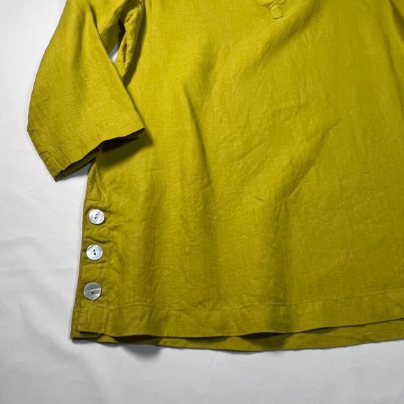 TAHARI SM 100% Linen Chartreuse Tunic Top 3/4 Sleeve Popover Blouse Lagenlook - Picture 6 of 8